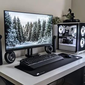 Sleek Desk and Computer Arrangement with Nature Wallpapers