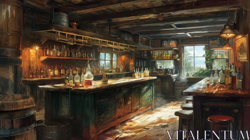 Captivating Painting: Cozy Tavern Interior | Wood Bar, Lanterns AI Image