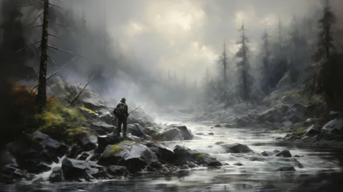 Captivating Painting of a Man Walking Through a River - Nature Art