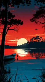 Captivating Sunset Over a Tranquil Lake | Romantic Illustration