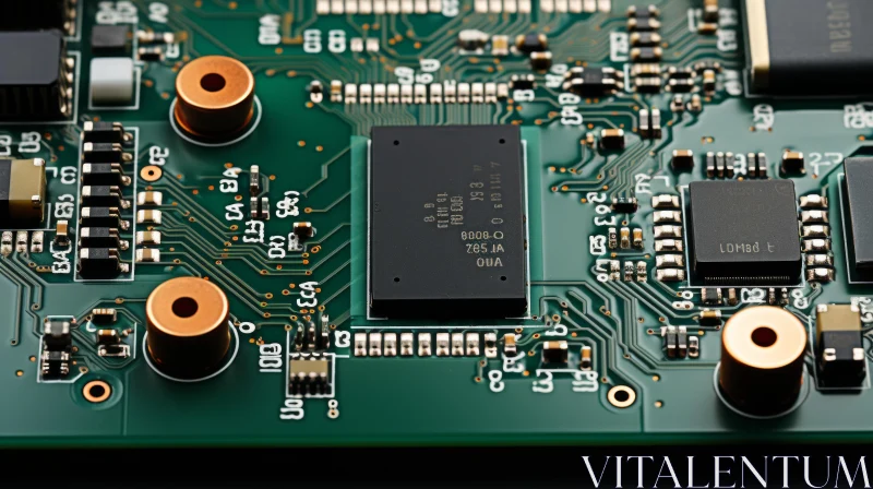 Close-Up View of a Green and Bronze Electronic Circuit Board AI Image