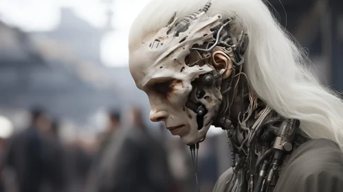 Cyborg Woman in Dystopian Cityscape: A Study in Realism and Futurism