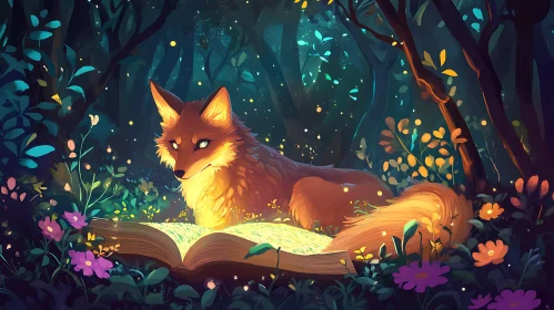 Fox immersed in a book in woods