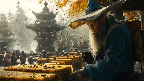 Fantasy Wizard with Bees and Honey