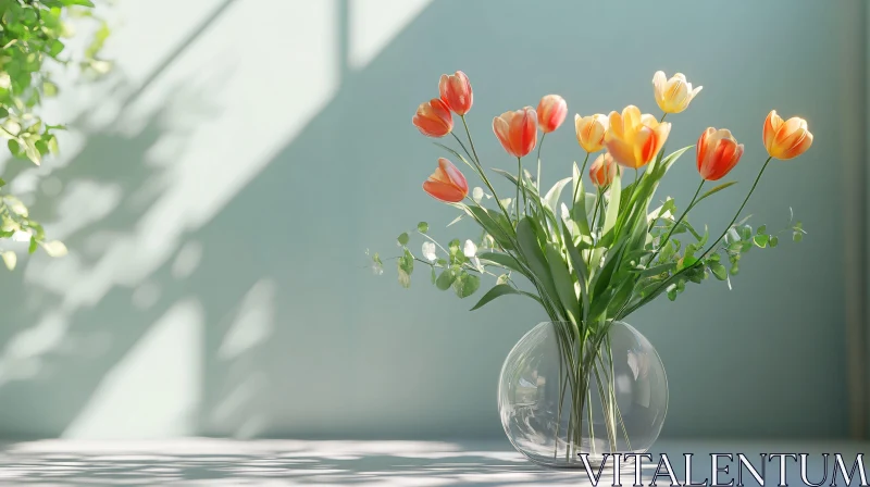 AI ART Sunlit Tulips in Glass Vase