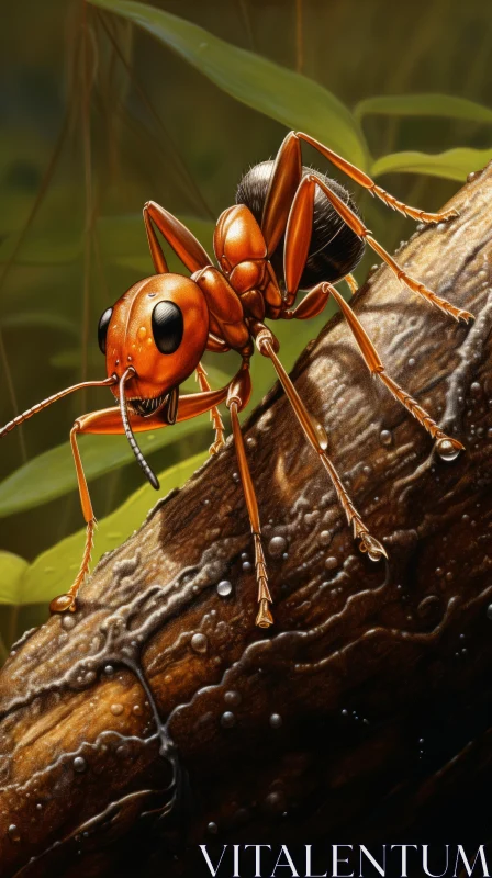 Detailed Illustration of an Orange Ant on a Branch AI Image