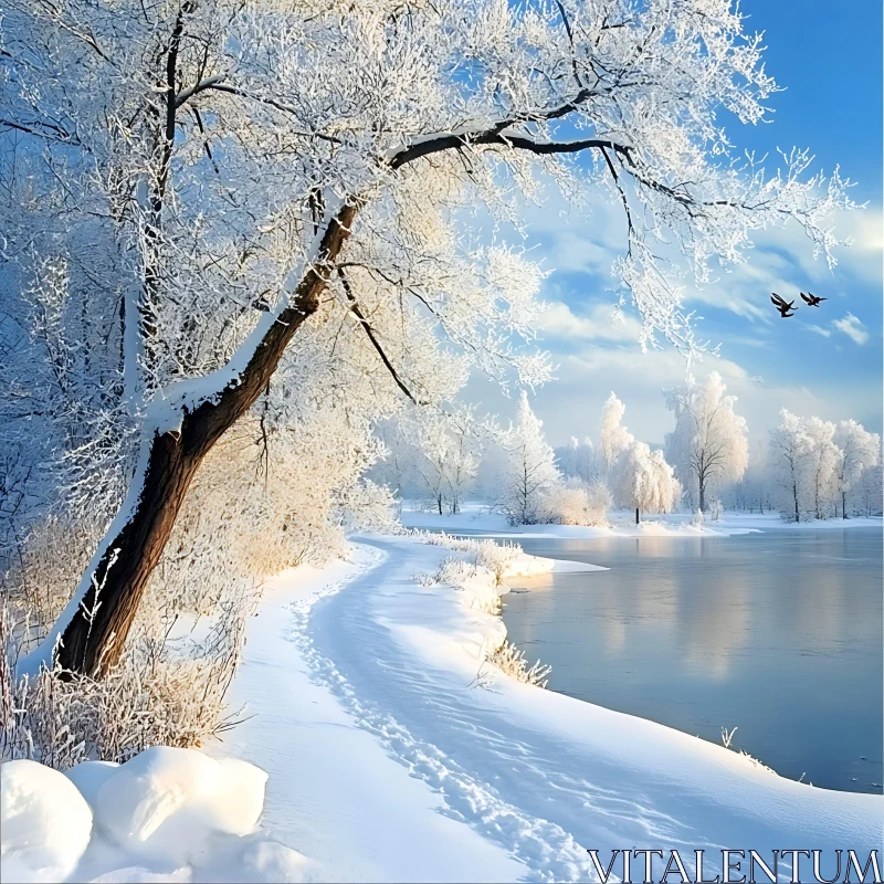 Tranquil Snow-Covered Path Along a Frosty River AI Image