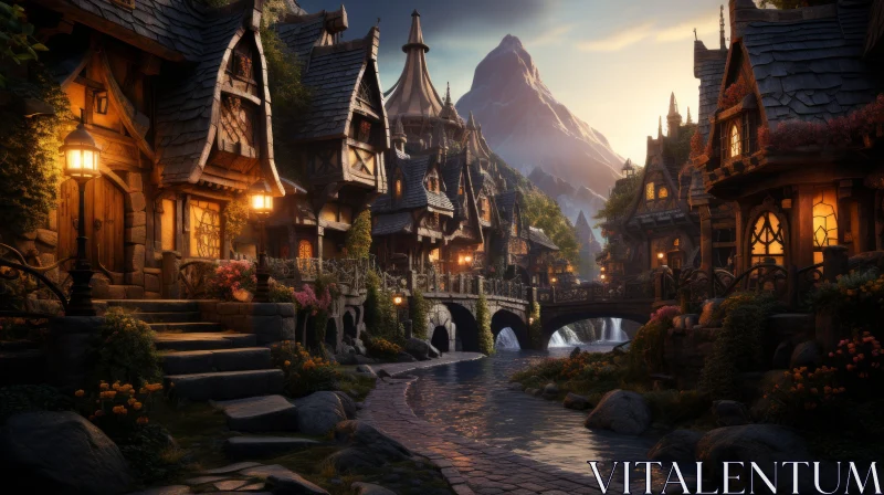 Enchanting Fantasy Town with Detailed Nature Scenery AI Image