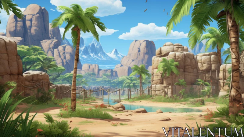 Enigmatic Tropical Jungle Scene with Birds and Mountain AI Image
