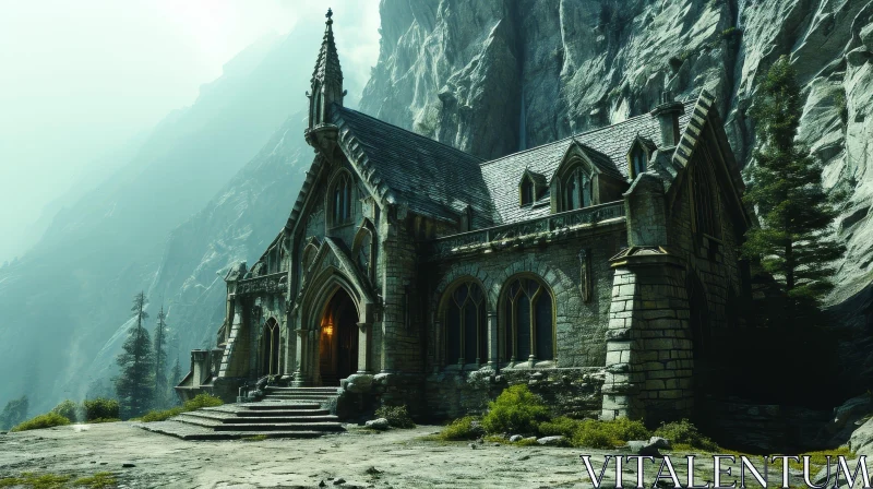Gothic Church Digital Painting | Gray Stone Architecture AI Image