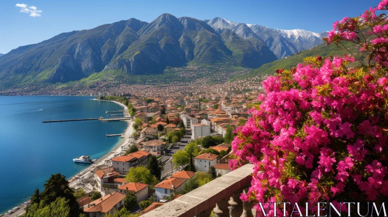 Mountain and Sea Vista with Pink Floral Accents AI Image
