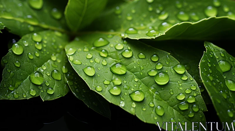 Nature's Serenity: Raindrops on Green Leaves Wallpaper AI Image