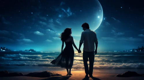 Romantic Couple on a Beach at Night - A Fantasy Landscape