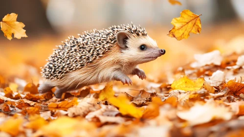 Hedgehog Frolicking Among Autumn Leaves