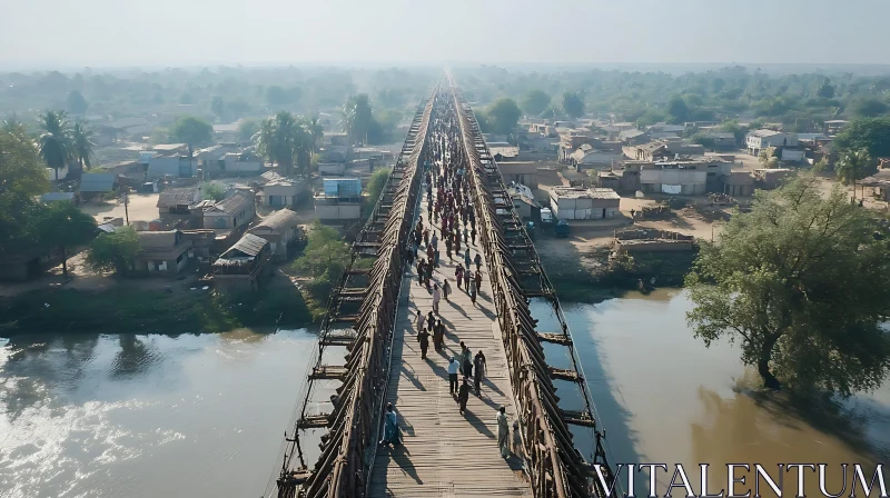 People Crossing Bridge in Village AI Image