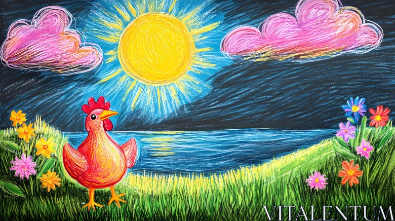 AI ART Colorful Chicken and Flowers Drawing