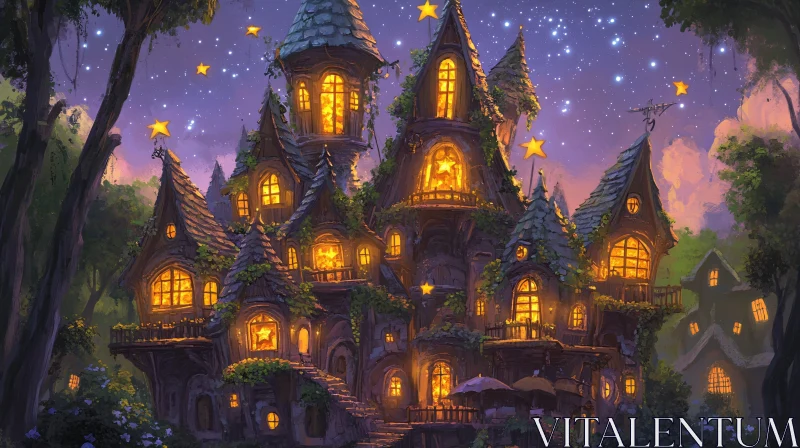 Whimsical Night Cottage with Starry Lights AI Image