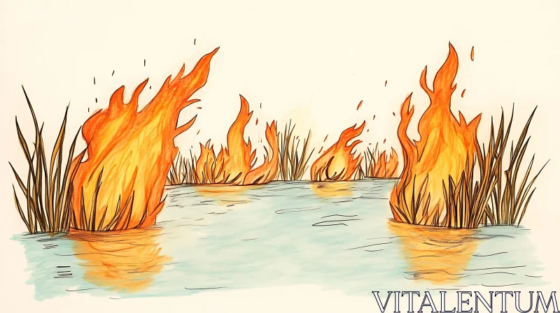 AI ART Fire Surrounded by Water Reverberated with Reflections