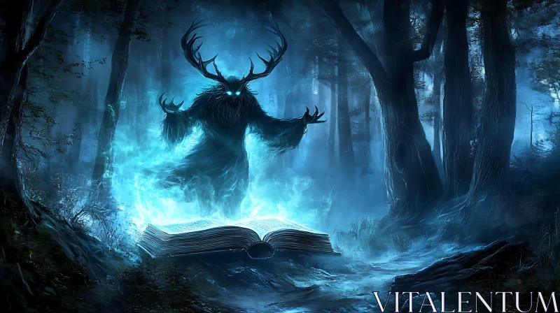 Antlered Figure in Misty Woods AI Image