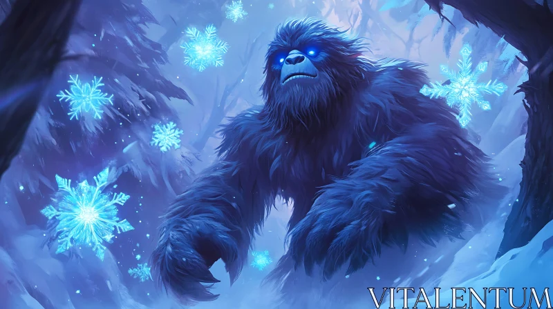 AI ART Blue Furry Monster in Snowy Forest