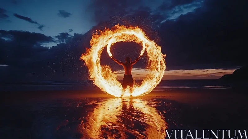 Fiery Circle Reflection on Beach AI Image