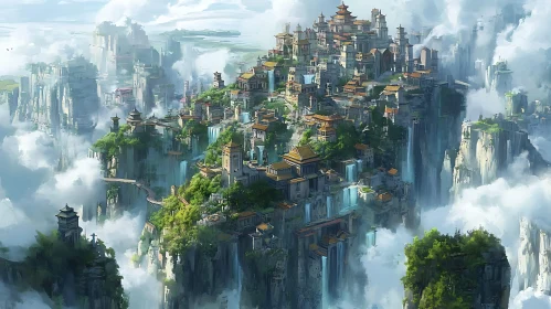 Mountain City with Waterfalls