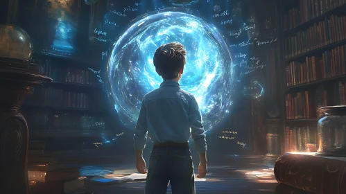 Enchanted Library Scene with Glowing Orb