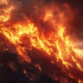 Volcano Eruption with Cascading Lava and Clouds of Smoke