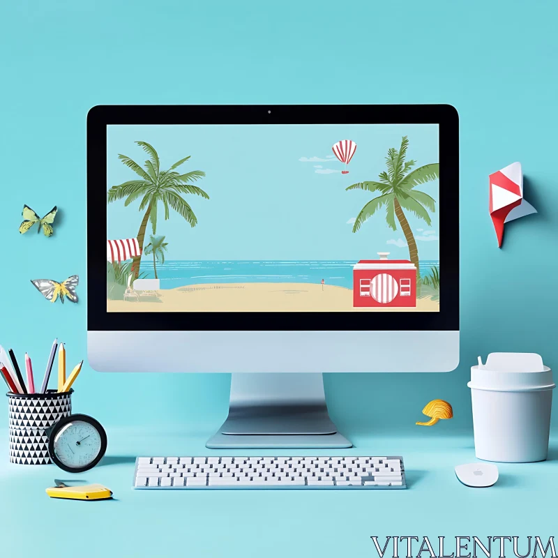 Clean Desk with iMac Showing Beach Scene AI Image