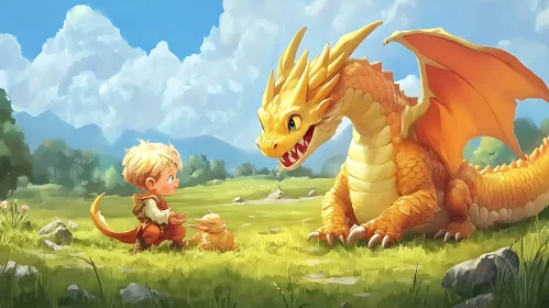 Friendly Dragon and Boy in Meadow