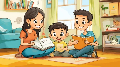 Cartoon Family Reading Together at Home