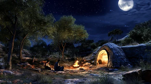 Campfire Night Scene with Moon and Stars