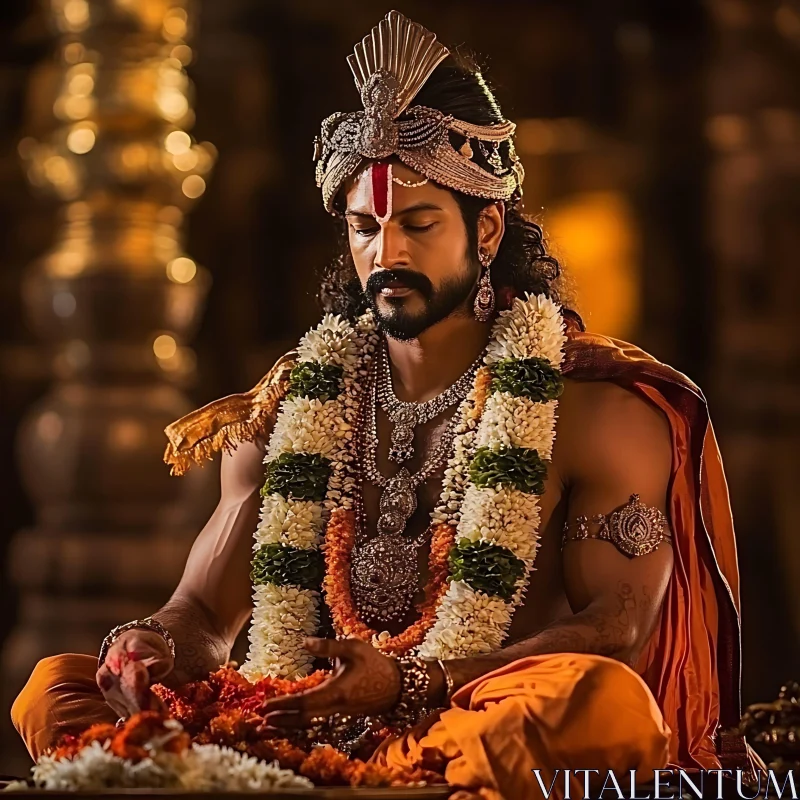 Contemplative Man with Flower Garland AI Image