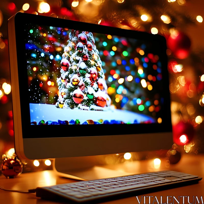 Christmas Tree on Desktop with Bokeh Lights AI Image