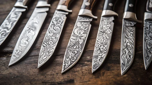 Floral Engraved Steel Knives on Wood