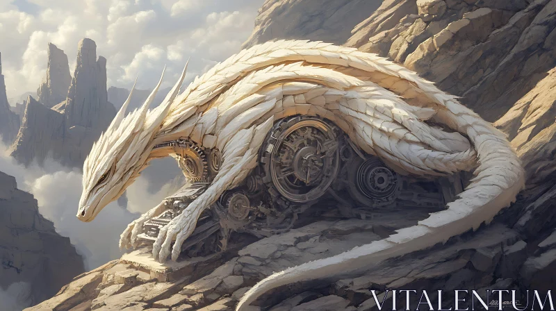 Mechanical Dragon on Desert Rocks AI Image