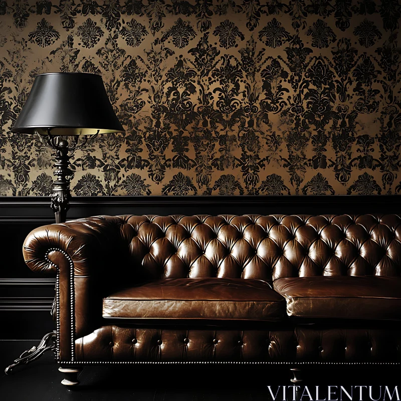 Classic Leather Sofa with Richly Patterned Wallpaper AI Image