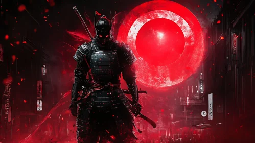Silhouette Samurai with Red Moon