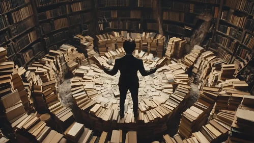 Man in Library Surrounded by Books