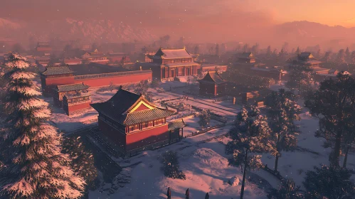 Snowy Asian City at Sunset