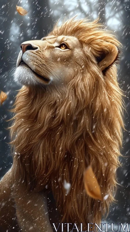 Lion in Wintry Wilderness AI Image