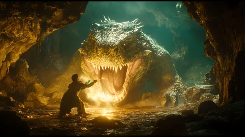 Warrior Facing Dragon in Golden Light