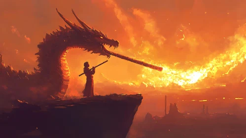 Warrior and Dragon in Fiery Landscape