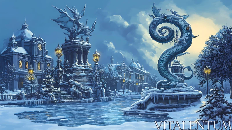 Snowy Urban Scene with Mythical Sculptures AI Image