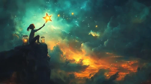 Girl and Stars: Dreamy Nightscape Artwork