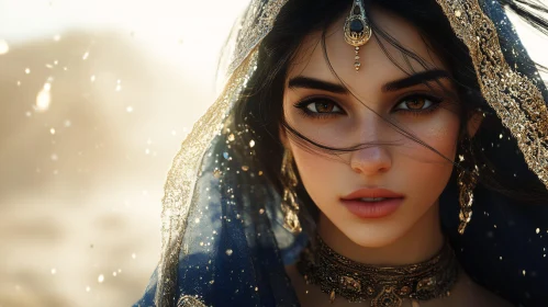 Serene Woman in Blue Veil and Gold
