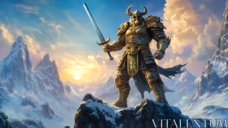 AI ART Armored Warrior with Sword on Mountain