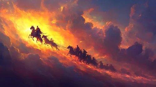 Flaming Charioteers Racing Through Sunset Clouds