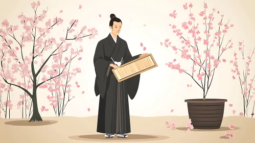 Man in Kimono with Cherry Blossoms