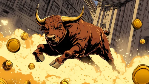 Powerful Bull and Gold Coins in City